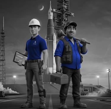 An engineer with tablet in hand and plumber with a toolbox and plunger ready to fix NASA.