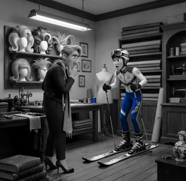 An Olympic ski jumper stands in a drag performer's tailor shop seeking help with his uniform.