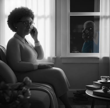 A senior sits in her living room on the phone while a man eavesdrops through her window