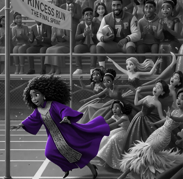 A group of teen women race in prom dresses and high heels