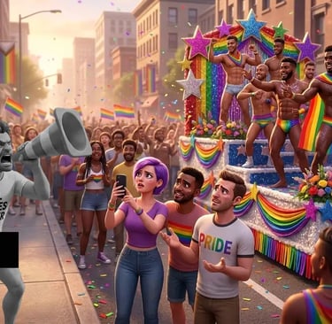 A protestor wearing an "All Prides Matter" t-shirt holding an American flag at gay Pride Parade. 