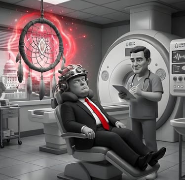 Trump getting a brain scan while dreaming as a doctor observes vitals and takes notes.