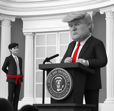 Sign language interpreter stands off to side with hands tied behind his back while Trump speaks.