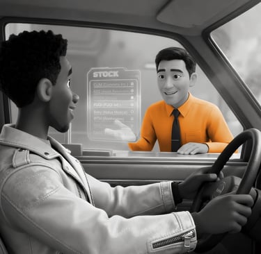 A driver is seen from a passenger point of view at a drive-thru window ordering stocks.