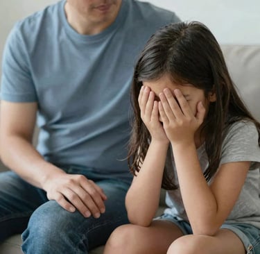 parent assis près d'un enfant triste