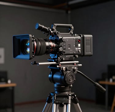 A high-end professional cinema camera mounted on a tripod in a dimly lit North American film studio. The lighting is dramatic and cinematic, with soft blue highlights reflecting off the lens. The atmosphere is professional and sophisticated, emphasizing film production expertise.