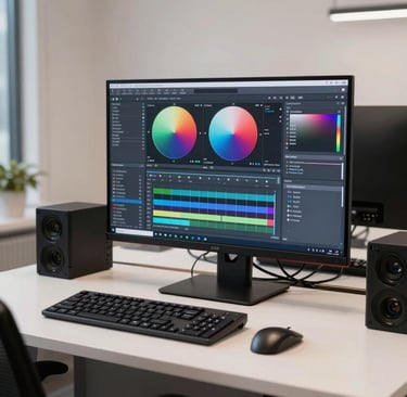 A detailed shot of a modern editing suite in a North American production house. A large monitor displays color grading software with vibrant cinematic tones. The room is styled in off white and charcoal blue, reflecting an innovative and professional creative workspace.
