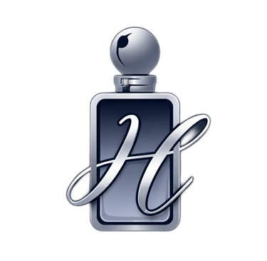 Luxury perfume bottle logo featuring a metallic silver cursive H on a dark navy glass flask.