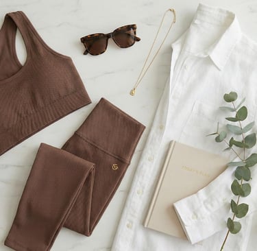 Flat lay of brown ribbed activewear set with white linen shirt, sunglasses, and coffee on marble.