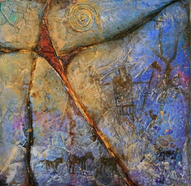 Textured abstract art with a prominent red crack and swirl, revealing horses and a city in blue and brown tones.