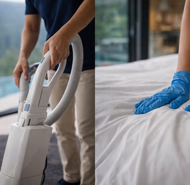 民泊清掃にて、掃除機をかけている様子とベッドメイクをしている