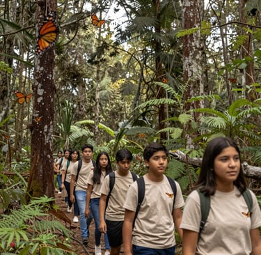 A group of students exploring a historic site during an educational excursion.