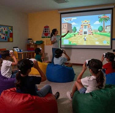 Campers collaborating on AI projects inside a cozy cabin setting.