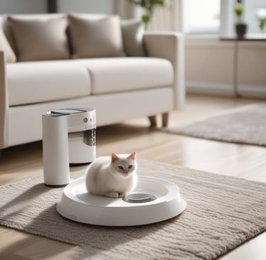 Close-up of a sleek automatic pet feeder with a digital display glowing softly in a modern kitchen setting.