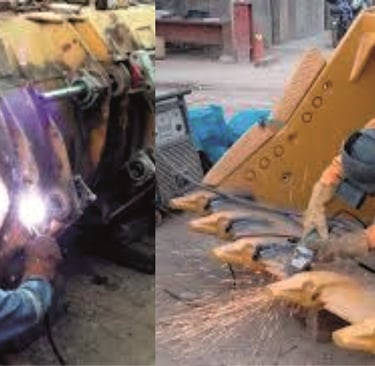 Professional welders performing heavy equipment repair and metal fabrication on industrial excavator buckets.