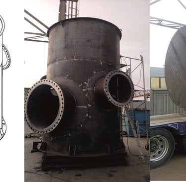 Custom industrial pressure vessel fabrication shown from technical CAD drawing to final heavy duty steel manufacturing.