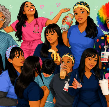 Creative editing process transforming nursing comedy characters into polished digital artwork and visual storytelling.