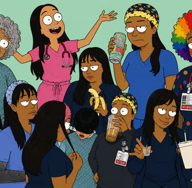Creative character development process turning nursing stories and healthcare humor into original illustrated content.