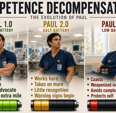 Three stages of nurse Paul as his battery drains from full to low, illustrating how workplace pressures reshape behavior.