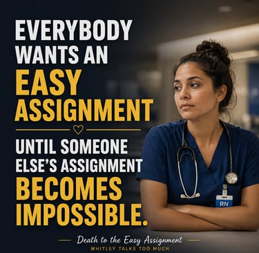 Stressed nurse at a workstation while two coworkers talk nearby, illustrating an unfair and potentially unsafe assignment.
