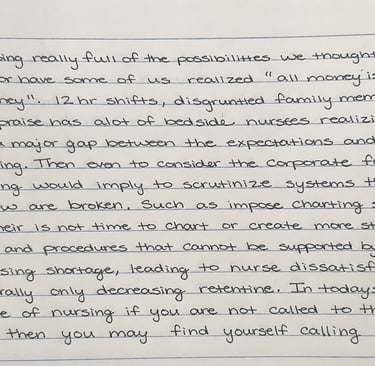 Handwritten nursing notes exploring the gap between expectations and the realities of bedside nursing.
