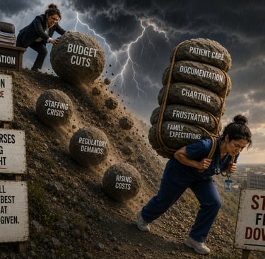 Illustration of a stressed healthcare administrator and nurse carrying patient care, documentation, and workplace stress.
