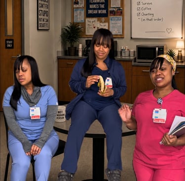 The nursing break room where healthcare workers can unburden themselves and share their truths without judgment.