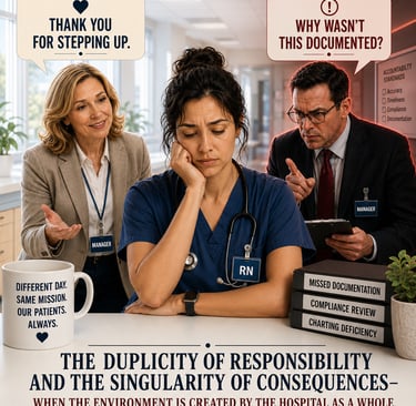 Nurse between praise and criticism representing short staffing, accountability, and healthcare workplace challenges