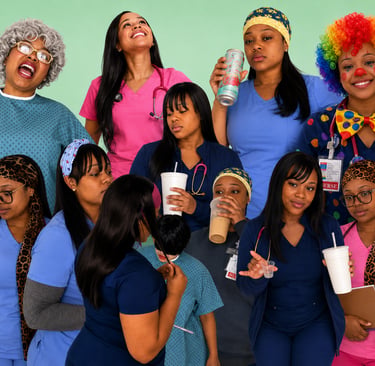 Characters from a nursing comedy series highlighting hospital life, healthcare culture, and bedside realities.