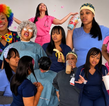 Nursing comedy characters portraying the chaos, humor, stress, and realities of life in healthcare.