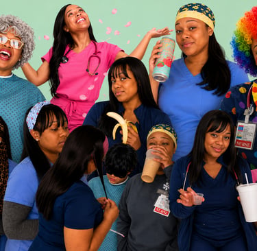 Behind the scenes of nursing comedy cast representing healthcare culture, patient care, workplace challenges, and humor.