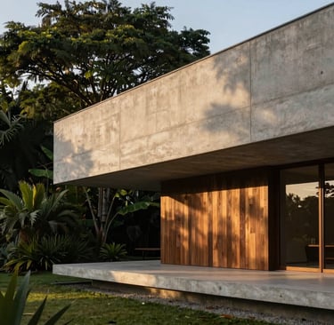 An architectural detail of a modern, minimalist building in Brazil, featuring clean lines and natural textures like smooth concrete and dark wood. The lighting is the warm, golden light of late afternoon. Colors are earthy, with deep greens from surrounding tropical foliage and slate gray accents.