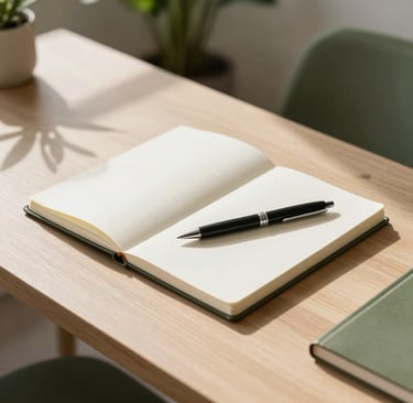 A minimalist, close-up shot of a designer's desk in a sunlit South American studio. A clean wooden surface features a high-end sketchbook and a sleek pen. Soft shadows from indoor plants are cast across the surface. The scene is dominated by off-white and olive green tones, reflecting a professional and calm atmosphere.