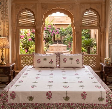 Elegant black and grey block-printed Jaipuri cotton bedsheet with minimalist floral and palm designs
