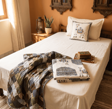 Handcrafted Indian cotton bedspread and block print quilt on a bed in a rustic Rajasthani room.