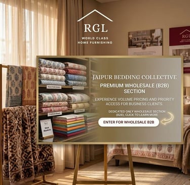 RGL Textile Corporation premium wholesale B2B section banner featuring Jaipur bedsheets, dohars, qui