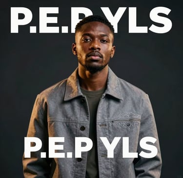 A premium album cover featuring a high-fashion portrait of P.E.P YLS. He is wearing a custom-tailored jacket in #3D2C20 with subtle Nigerian embroidery. The lighting is cinematic and warm, highlighting his artistic depth. The composition is minimalist and modern, set against a dark #0A0A0A backdrop.