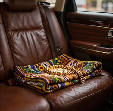 An artistic album cover showcasing a fusion of Nigerian and American cultures. It features a luxury vintage interior with textures of fine leather and wood (#3D2C20). A soft spotlight illuminates a gold chain resting on a traditional cloth. The vibe is powerful, confident, and sophisticated.