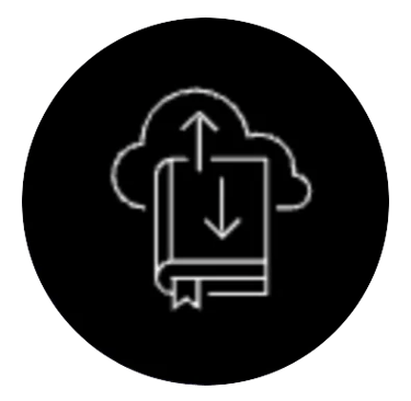 Icon white outline on black, with a book and multiple arrows and cloud.