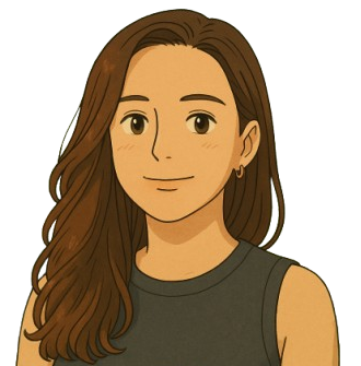A cartoon representation of a woman {me} with long brown hair and a black top