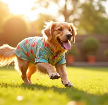 Un Golden Retriever feliz, con una camisa hawaiana de flores, corriendo por el césped soleado 