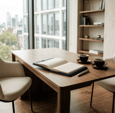 Modern home office with a wooden desk, notebook, coffee cups, and a city skyline view through large windows.