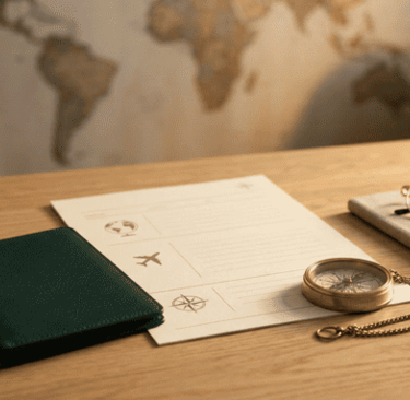 Travel documents with a passport, compass, and eyeglasses on a desk with a world map background.
