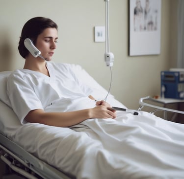 A young female patient wearing a communication device while resting in a white hospital bed.
