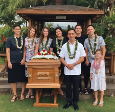 A compassionate attorney reviewing case files with a client near a window overlooking palm trees.