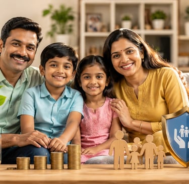Happy family with savings, coins, and financial protection symbols representing the LIC Bima shree