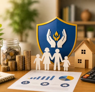 LIC Jeevan Labh planning concept with family protection, savings, home, calculator, and long-term 
