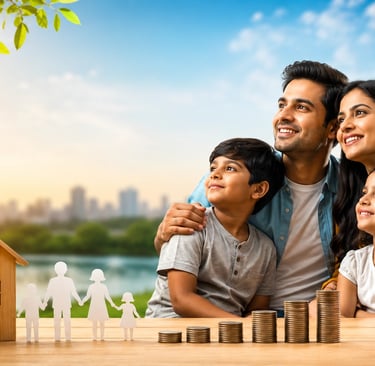 Happy Indian family with savings, home, and financial security concept representing LIC Jeevan Umang
