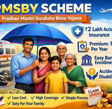 Illustration of an Indian family under umbrella showing PMSBY scheme benefits