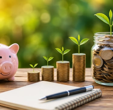 Piggy bank, growing coin stacks, and savings jar symbolizing PPF investment growth and financial 